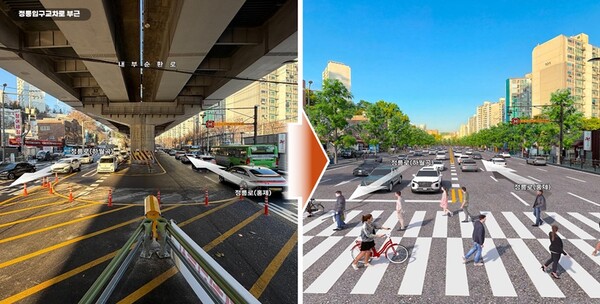 ▲ 정릉입구교차로 부근 사업 시행 전·후. /뉴시스
