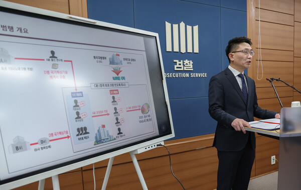 ▲ 김윤용 서울중앙지방검찰청 정보기술범죄수사부 부장검사가 12월 23일 서울 서초구 서울고등검찰청 기자실에서 세계 1위 K반도체 국가핵심기술 국외 유출사건 수사결과 발표를 하고 있다. /뉴시스