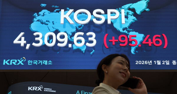 ▲ 코스피가 전 거래일(4214.17) 보다 95.46p(2.27%) 오른 4309.63에 마감한 12일 오전 서울 영등포구 한국거래소 전광판에 지수가 표시 되고 있다. /뉴시스