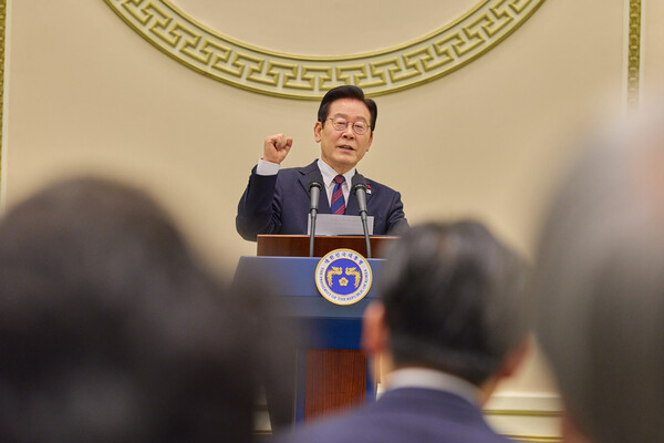 ▲ 2026년 청와대 시무식 인사말 하는 이재명 대통령. /뉴시스