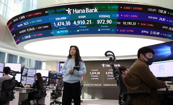▲ 서울 중구 하나은행 딜링룸 전광판에 지수가 표시되고 있다. /뉴시스