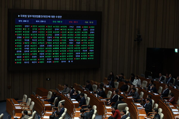 ▲ 29일 서울 여의도 국회에서 열린 본회의에서 국회법 일부개정안이 가결되고 있다. /뉴시스