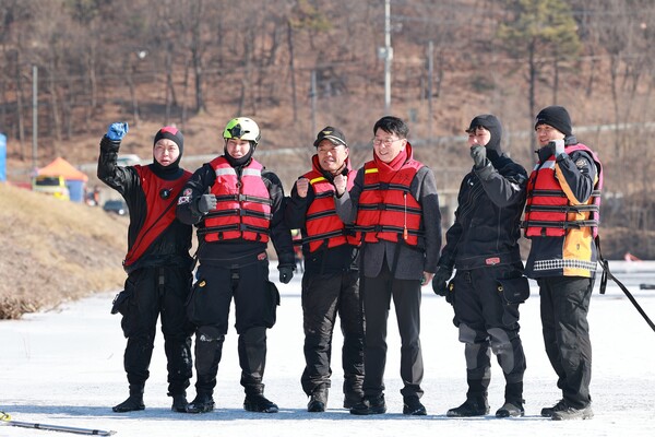 ▲ 동계 수난사고 대비 실전형 합동훈련 현장 점검 모습.