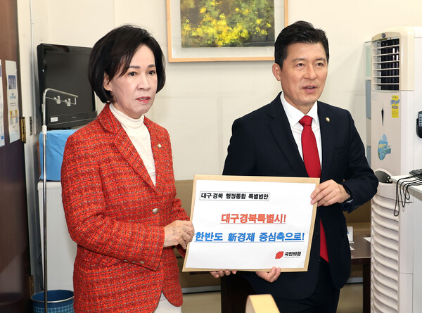 ▲ 국민의힘 이인선(왼쪽) 대구시당위원장과 구자근 경북도당위원장이 지난달 30일 오전 서울 여의도 국회 의안과에 '대구ㆍ경북 행정통합 특별법안'을 제출하고 있다. /뉴시스