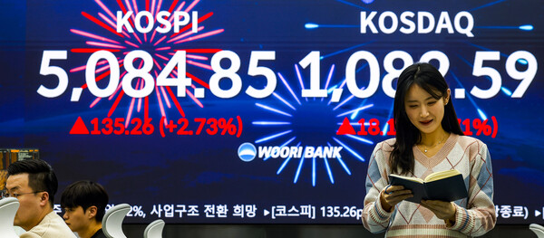 ▲ 서울 중구 우리은행 본점 딜링룸 전광판에 종가 지수가 표시되어 있다. /뉴시스