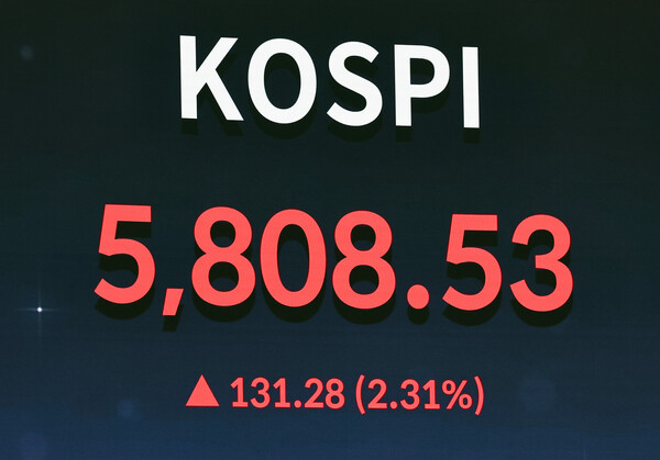 ▲ 코스피가 전 거래일(5677.25)보다 131.28포인트(2.31%) 오른 5808.53에 마감한 20일 서울 여의도 한국거래소 전광판에 코스피 종가가 보이고 있다. /뉴시스